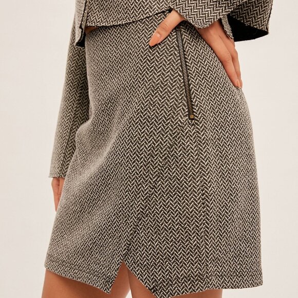 HEM & THREAD Black & White Herringbone Mini Skirt, High-Waist Boutique Skirt - Picture 3 of 5